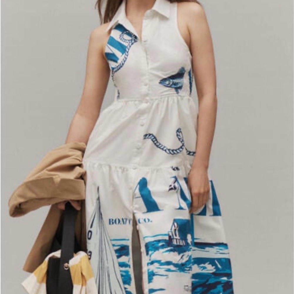 Anthropologie White Midi Dress with Blue Nautical Print